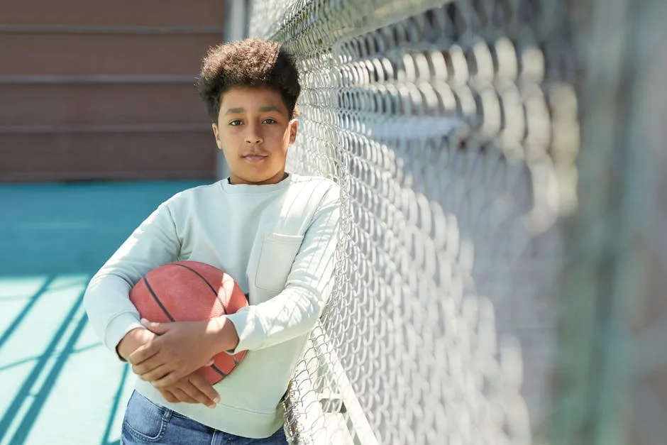 Junge lehnt an einem Gitter und hält einen Basketball