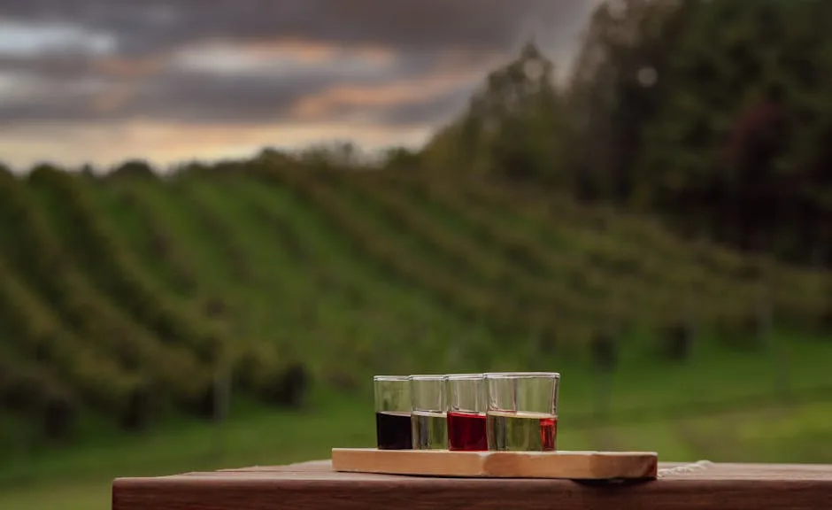 Weingut im Grünen, Verkostungstisch im Freien bei Sonnenuntergang