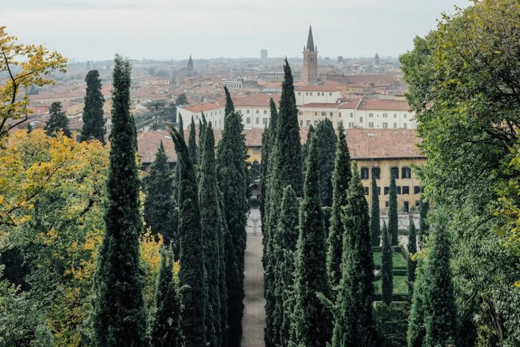 Blick auf Verona von einem Garten, von Zypressen gesäumter Weg