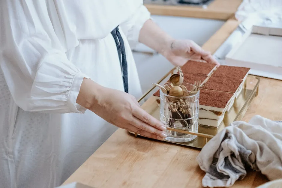 Hände einer Person platzieren Tiramisu und Besteck auf einem Tablett in Verona