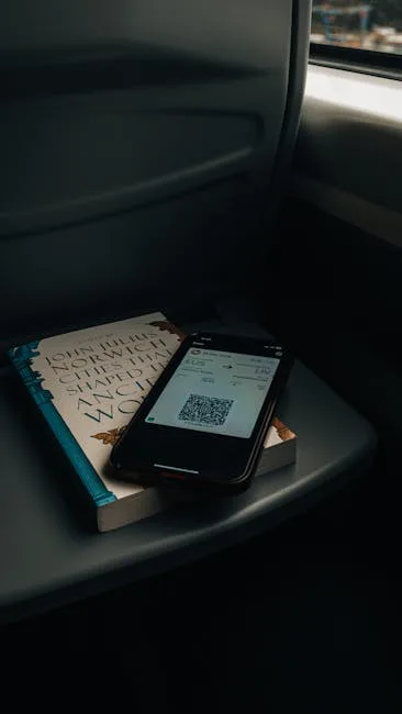Smartphone mit QR-Ticket liegt auf Buch auf dem Klapptisch im Zug.