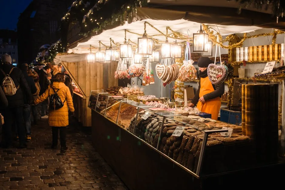 Weihnachtsmarktstand in Verona mit Lebkuchenherzen, Süßwaren und warmen Laternenbeleuchtung