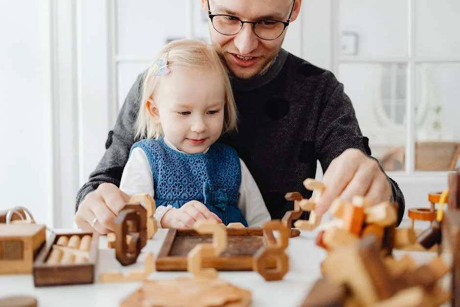 Vater und Kind spielen mit hölzernen Puzzles im Museum von Verona