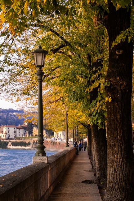 Allée riveraine à Vérone, lampadaires et arbres aux feuilles jaunes
