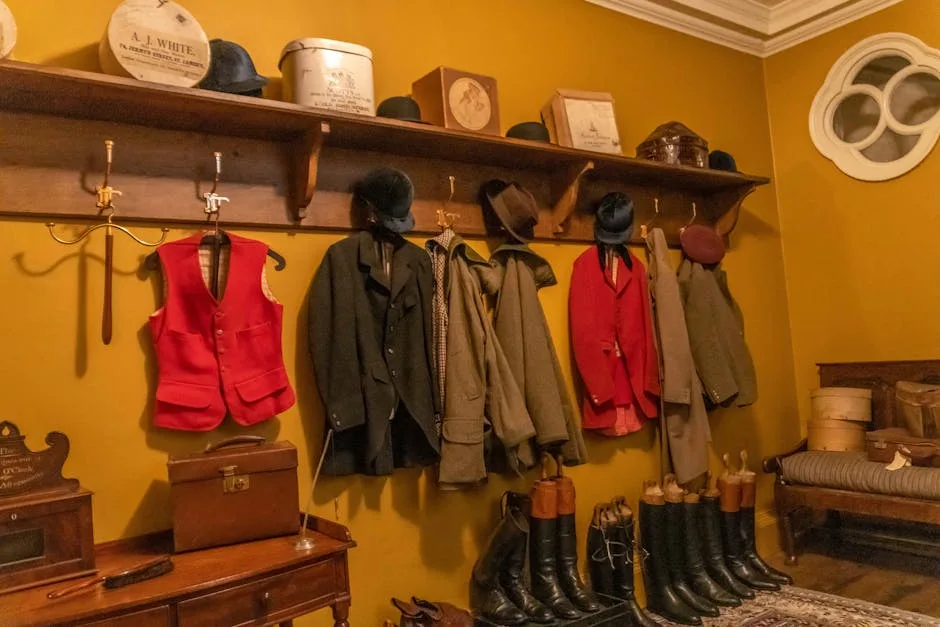 Historische Garderobe in einem Museum in Verona ausgestellt, Mäntel und Stiefel