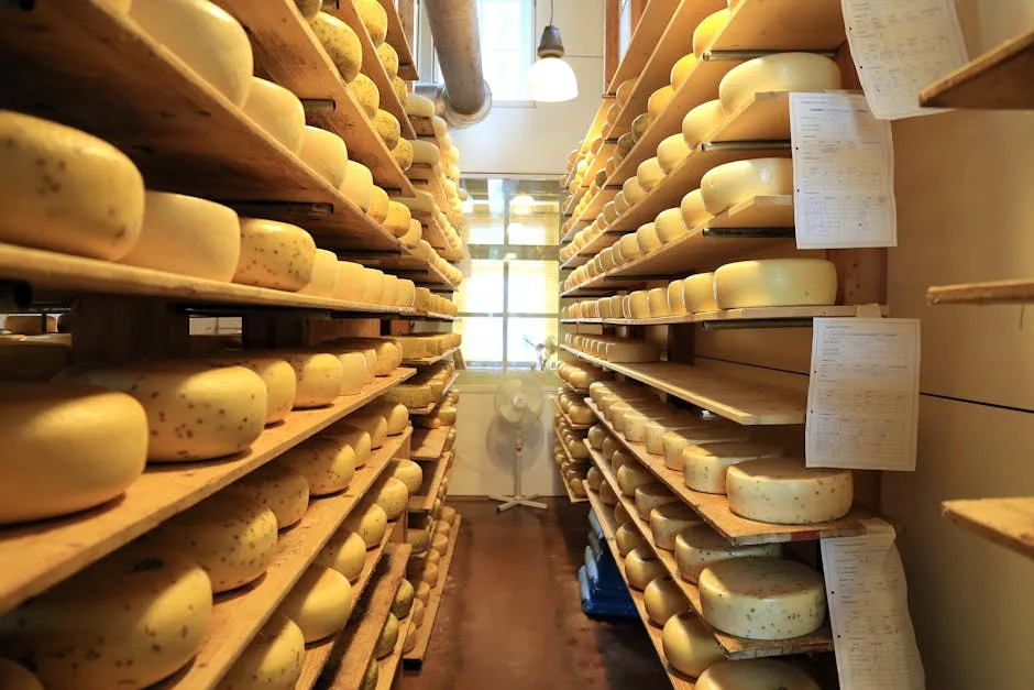 Rangées de meules de fromage affinant sur étagères dans une fromagerie près de Vérone