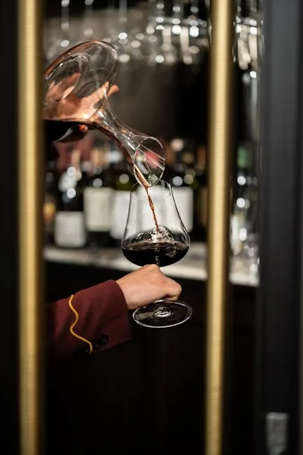 Rotwein wird in Verona sorgfältig aus Dekanter in Glas eingeschenkt.