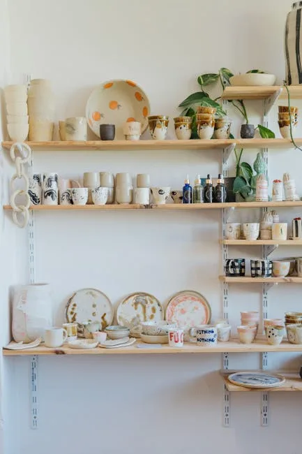 Atelier de céramique avec étagères d'assiettes et tasses peintes