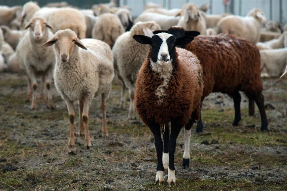 Mouton brun et noir au premier plan, troupeau dans une ferme près de Vérone
