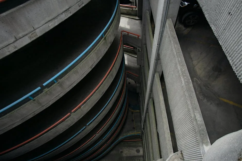 Rampe en spirale d'un parking en béton vue en plongée